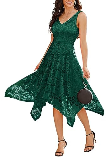 Meetjen Women's V Neck Simple Wedding Dresses High Low Cocktail Classy Flowy Floral Lace Goth Dress DarkGreen S