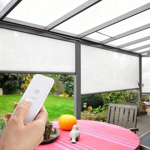 TIPIACE Outdoor Wind-Resistant Motorized Roller Shades Hard-Wired Perspective Sunshine Fabric Wind Screens for Outdoor Windows Balcony Pavilion etc (Perspective-White)