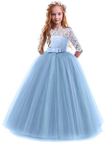 Odizli Abito da bambina con maniche a 3/4 in pizzo, abito da principessa, per matrimonio, damigella d'onore, prima comunione, compleanno, festa, abito da sera lungo, Celeste., 13-14 Anni
