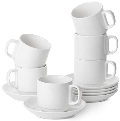 BTaT- Stackable Tea Cups and Saucers, White, Set of 6 (8 oz), Cappuccino Cups, British Coffee Cups, Porcelain Tea Set