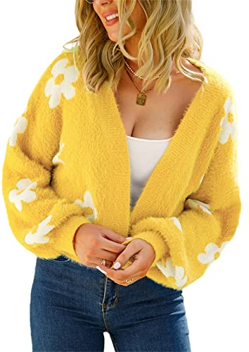 HEYPORK Damen Herbst Winter Warm Bequem Pullover Casual Mode Strickjacke Strickpullover Frauen Herbst Strickjacke StraßE Hipster Kurz Gestrickt Pullover Blumen Pullover(Gelb, XL)
