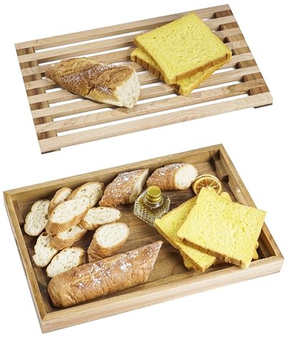 Nuvograin Wood Bread Cutting Board With Slicer, Crumb Tray and Holder - Serving Tray for Kitchen, Color Combination Design - For Cake, Bagels - 9.53 Wide x 1.46 Tall