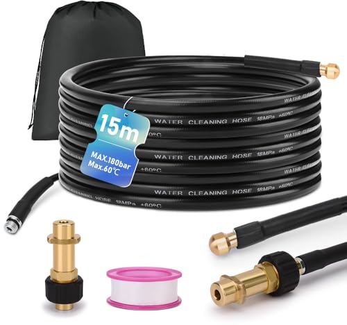Set di tubo flessibile per pulizia condotte da 15 m, 180 bar, con borsa e adattatore M22, set universale per pulizia condotte, compatibile con idropulitrici K2 K3 K4 K5 K6 K7, 4 getti ad alta