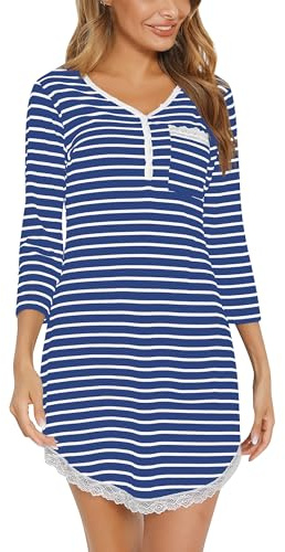 Yukiuiny Chemises de Nuit Femme Coton Dentelle Nuisette Robe de Nuit Courte T Shirt de Nuit Pyjama Casual Col V Sexy Maternité Allaitement Top Confortable Bleu Rayé M