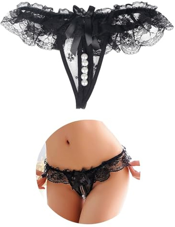 ohyeahlady Women's Adjustable Lace G-String Thongs Sexy Low Rise Panties Cheeky Tangas Ladies Underwear Black(Bowknot) One Size