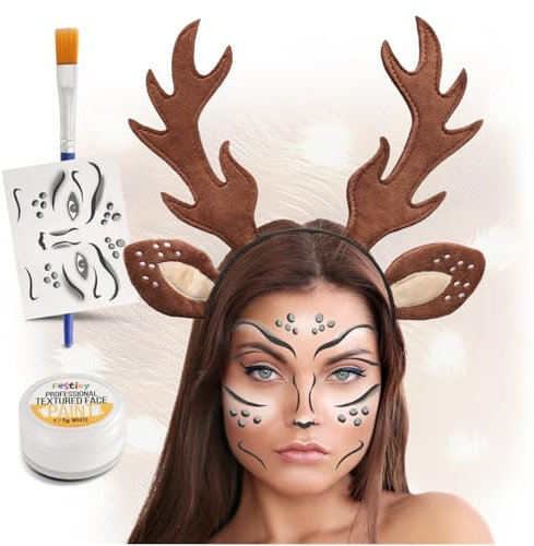 Festicy Cerchietto Renna con Corna di Renna o Cervo I Set Completo con Tatuaggio Facciale I Kit Trucco Teatrale Bianco I Accessori Capelli Natale I Accessori Natale Donna, Uomo e Bambini
