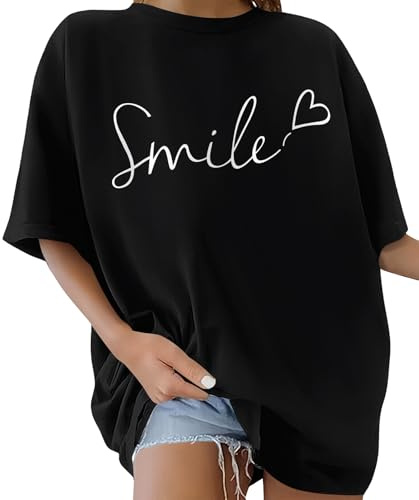 Lonya T-Shirt Donna Estiva Magliette Cotone Manica Corta Girocollo Maglia Elegante Oversize Tee Tops Smile-Nero,L