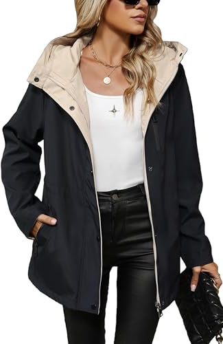 Giolshon Donna Cappotto leggero Windbreaker Zip Up Giacca manica lunga Outdoor Raincoat con cappuccio K502 Nero XXL