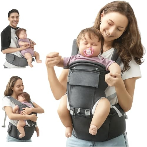 AIYAPLAY Mochila Portabebés de Recién Nacido hasta 36 Meses Portabebés con Asiento Desmontable Cinturón Regulable y Bolsillo de Almacenaje Carga 15 kg Gris