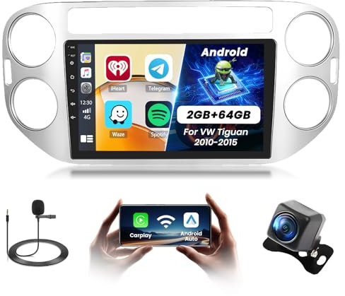 [2+64G] Android Autoradio per VW Tiguan 2010-2015 con Wireless Carplay Android Auto, 9 Pollici IPS Touchscreen Radio con Bluetooth/GPS/Telecamera posteriore/FM/WiFi/SWC/26UI