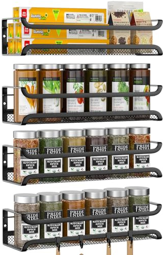 TRAYINDALY Spice Rack Wall Mounted 4 Pack, Spice Organiser for Inside Cupboard with Moveable 4 Hooks, Adhesive Stickers and Screws, Seasoning Organizer for Kitchen Door Storage