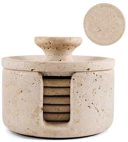 Earthen Crafts Posavasos de mármol travertino con Tapa de Soporte para Bebidas, Juego de 6 Posavasos de Piedra de 3.5 Pulgadas, Ideal para decoración de Patio, Sala de Estar y Cocina