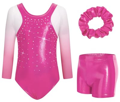 JiAmy Body da ginnastica per ragazze, a maniche 3/4, con tuta scintillante e pantaloncini, per danza, per età 3-12 anni, Rosso rosato, 6-7 anni