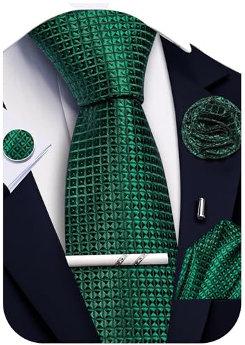 Emerald Green Plaid Tie Pocket Square Tie Clip Lapel Pin Set for Men
