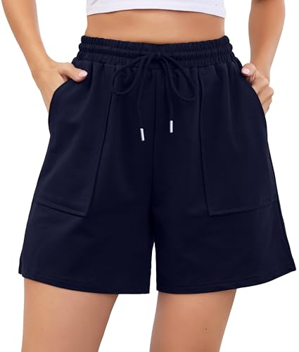 Wikoan Short Sport Femme en Coton Pantalon Court pour Femmes Short Running Femme Ete Taille Haute pour Jogging Yoga Fitness Bleu Marine L