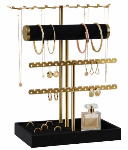 VIRETH HAUS 4-Tier Jewelry Stand Organizer, Gold Metal with Velvet Tray