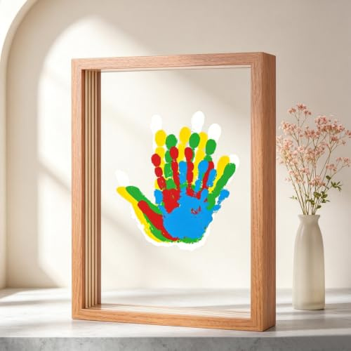 Family Handprint Art Kit with 4 Spaces – Brown Frame DIY Keepsake Paint Set | Hand Prints Ornament Kit, Family Gifts for Grandparents, New Parents, Mother's Day, Father's Day, Birthday