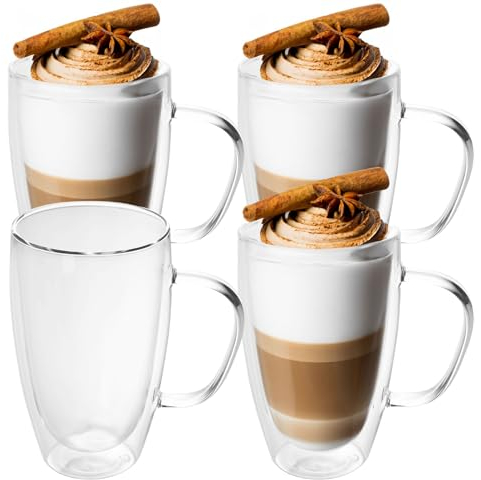 INTIRILIFE 4X Doppelwandige Thermo Gläser Set -400-500ml- Mundgeblasen isoliert für Espresso Cappuccino, Teegläser Kaffeegläser Latte Macchiato Tassen, Schwebeeffekt mit Henkel