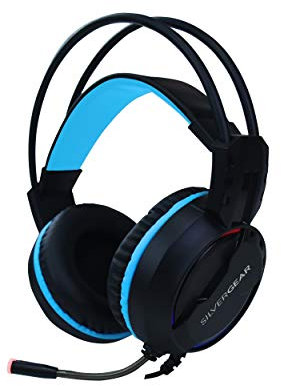 Silvergear Casque de jeu avec microphone, son surround, casque de jeu PS4, PC, Xbox One, lumière LED RVB avec adaptateur audio – Noir, bleu
