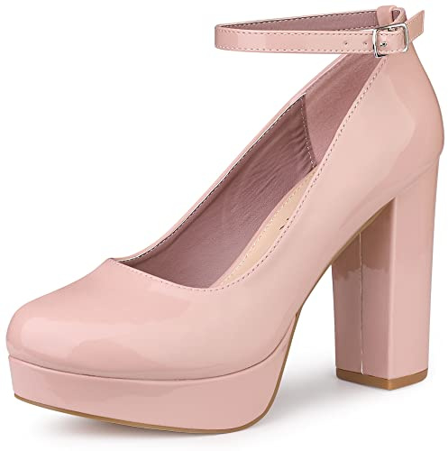 Allegra K Damen Plateau Knöchelriemen Chunky Heel Mary Janes Pumps, rose, 40.5 EU