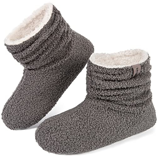 LongBay Women’s Warm Curly Fur Bootie Slippers Comfy Plush Fleece Boots Memory Foam House Shoes (Large / 8-9, Gray)