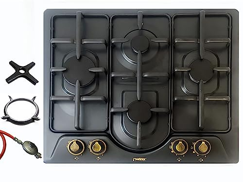 Phönix PE-604T Einbau Gaskochfeld Gaskocher 4 flammig Einbauherd Schwarz emailliert, Propan-/ Erdgas + Gasschlauch-Regler-Set + WOK-Aufsatz + Herdkreuz