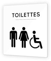 DECOHO - Pictogramme signalétique WC Trio - Panneau PMMA noir - Format 9x9 cm - Modèle Trio, signalisation toilettes, intérieur et extérieur - Blanc