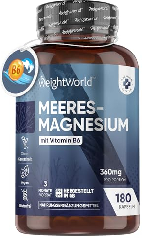 Magnesio Marino con Vitamina B6 360mg - 180 Cápsulas de Magnesio Complex de Agua de Mar - Apto para Veganos, Sin Gluten y Sin OGM