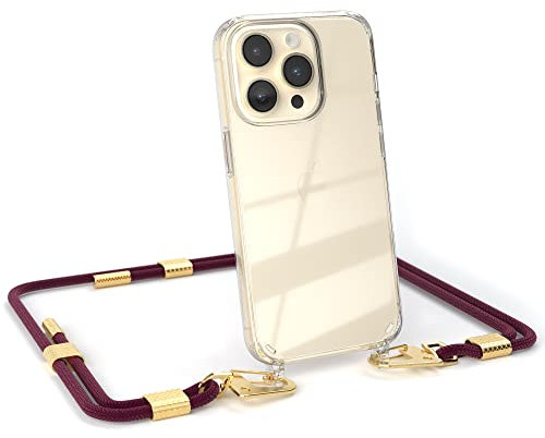 EAZY CASE - Handykette mit Karabiner kompatibel mit iPhone 14 Pro - Hülle Silikonhülle Fallschutz transparente Handyhülle Kette zum Umhängen Schutzhülle in Beere - Clips Gold