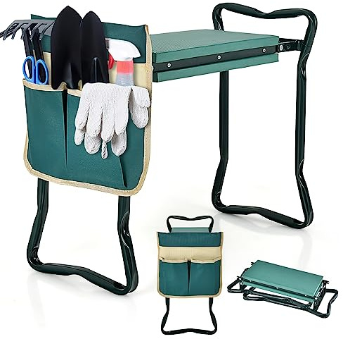 COSTWAY Tabouret de Jardinage Pliable 2 en 1 avec Coussin EVA (Vert) | Genouillère de Jardin Cadre en Métal Siège de Jardinier avec 1 Grande Pochette à Outils Charge 150KG pour Jardinage