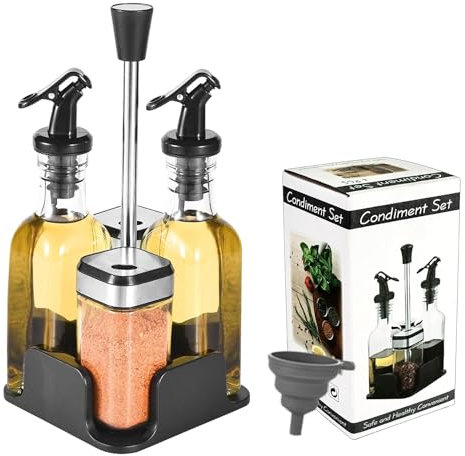 SIAZIH Salz und Pfefferstreuer Essig Öl Set (5-teiliges Set), 2 Ölflasche 160ML,2 Gewürzgläser mit Schraubdeckel aus Edelstahl 120ML,Öl und Essigspender, Essig und Ölflaschen set