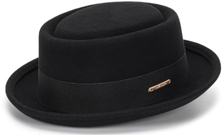 Damen-Glockenhut aus reinem Wollfilz, aufrollbare Krempe, Fedora, Porkpie, Fliege, edler Derby-Hut, Größe S/M, Schwarzes Design2, M