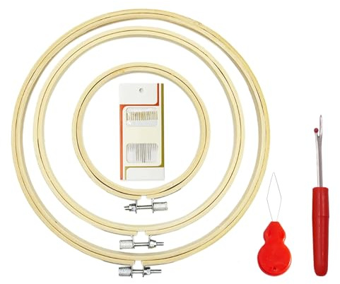 3 pezzi anelli rotondi in bambù, telaio da ricamo, cerchi ricamo piccoli, 3 misure, con 1 confezione di aghi da ricamo, 1 ago guida filo e 1 tagliafilo, per artigianato, ghirlande, ornamenti