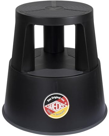 WEDO Rollhocker Super Step – robuster Tritthocker aus bruchfestem Kunststoff, TÜV/GS-geprüft nach EU-Norm EN 14183-F, rutschfest & rollbar, Made in Germany, Höhe ca. 43 cm, Tragkraft 150 kg, Schwarz