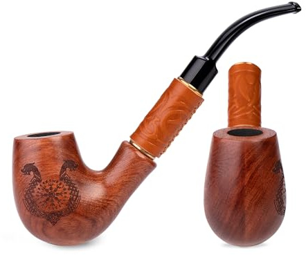 19 cm lång päronträ rökpipa | Churchwarden tobaks­pipa med Drakkar- & Vikinga­gravyr | För 9 mm filter | Sammetspåse ingår | Endast för tobaksanvändning