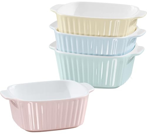 NUTRIUPS Juego de 4 platos de cerámica para hornear de 400 ml, platos cuadrados para hornear, bandeja pequeña para freidora de aire, utensilios de cerámica para hornear con asas (cuatro colores)