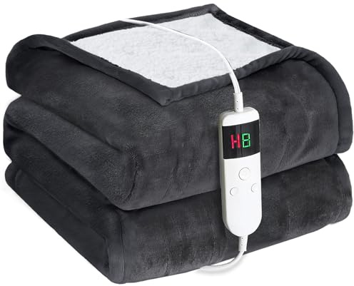 Cushious Manta eléctrica con apagado automático, 130 x 180 cm, 10 niveles de calor y temporizador de 8 horas, protección contra sobrecalentamiento, lavable a máquina, manta térmica de franela