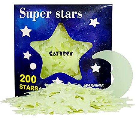 Glow in The Dark Stjärnklistermärken För Tak, CAYUDEN 200st 3DStjärnor och Måneväggklistermärke för Tak för Barn i Sovrummet Luminous Stars-Klistermärken Stjärnhimmel Rumsinredning för Babyrum