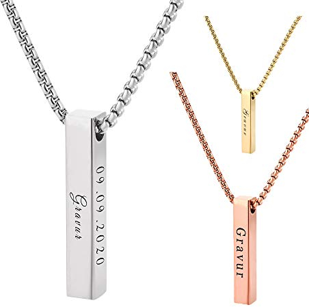 UHRENWELT Stabanhänger mit Kette und eigener Gravur Namen Datum/Barrenkette Wunschgravur Silber, (Edelstahl)