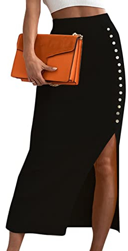 Greensen Femmes élastique Taille Haute Tricot Côtelé Crayon Bouton Jupe Mi-Longue Fente Ourlet Côté Jupe Fendue Moulante Jupe Mi-Longue(XL-Le Noir)