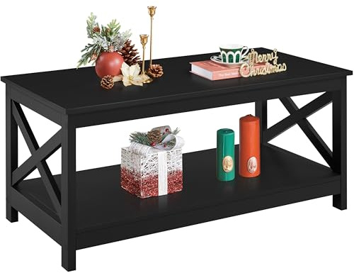 Yaheetech Black Coffee Table, 2-Tier Wood Coffee Table with Storage Shelf, X Design Center Tea Table for Living Room Home Office
