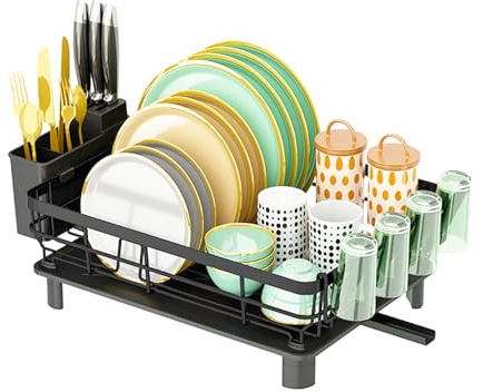 JOUING Escurreplatos Negro Escurridor de Platos Acero Inoxidable Escurreplatos con Bandeja de Goteo Dish Drying Rack con Cesta para Cubiertos (Negro, Grande)