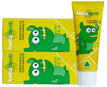 Betadent KIT 2 DENTIFRICIO BABY PER BAMBINI DA 0 A 3 ANNI. Senza Fluoro. Gusto Pera. Azione Antiplacca, facilita la dentizione. Formulazione naturale. 2x75ml