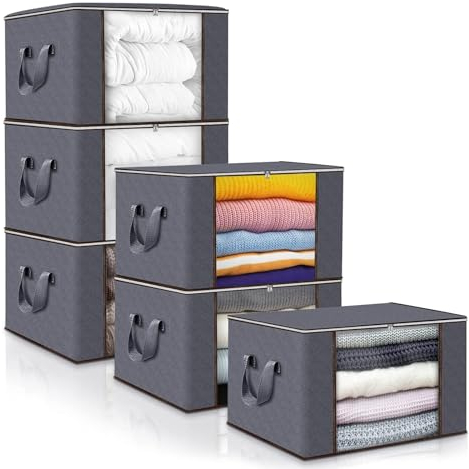 Collazoey Lot de 6 Sac Rangement Vetement, 90L Caisse rangement Pliable, Conteneurs de Rangement pour Organiser Les Chambres, Armoires, Vêtements, Couettes, avec Couvercle et Poignée, Gris
