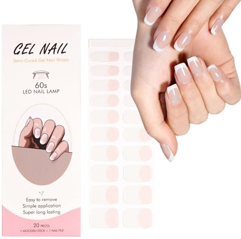 Semi Cured Gel Nail Strips - 20 Pcs French Tip Stickers - Salon-Quality Wraps with Nail File & Wooden Cuticle Stick