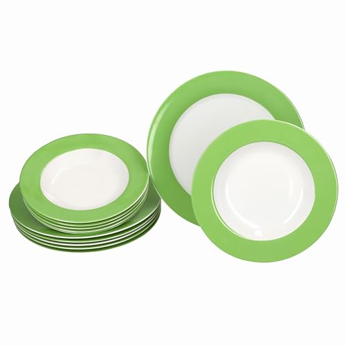 MamboCat Variant Grün 12tlg Tafelservice I farbiges Porzellan-Geschirr für 6 Personen I Bunte 6X Suppenteller & 6X Speiseteller I Essteller & Tiefe Teller für Frühstück, Mittag & Abendbrot