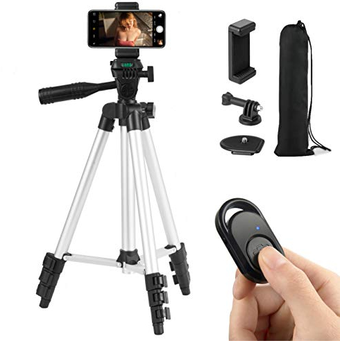 Polarduck Tripode para Movil: Tripode Movil de 106cm y 42 para iPhone Cámara Samsung y DSLR con Control Remoto para Teléfonos, Adaptador para Cámara Deportiva y Soporte Teléfono Móvil Trípode | Plata