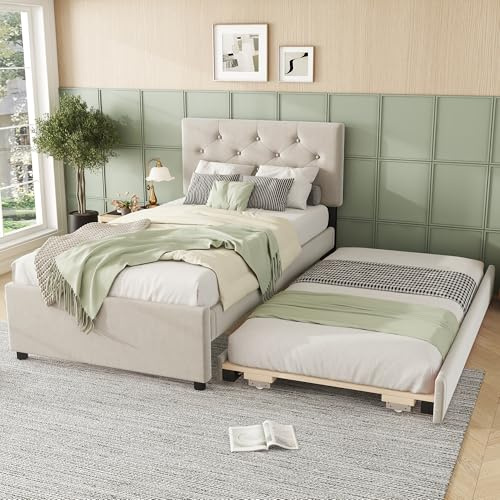 KecDuey Cama tapizada de 90 x 200 cm, con cama nido extensible, cama con somier (sin colchón), cama con cajón, terciopelo, minimalista (beige)