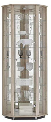 Vitrine d'angle en verre verrouillable effet chêne 7 étagères en verre avec miroir arrière et spot