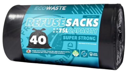 ECOWASTE™ 40 Everyday 75L Strong & Secure, Refuse Sacks, Bin Bags, Bin Liners, Flat Top, Recycled, Tear Resistant, 33 μm, Perfect for Everyday Use, Household, Office, Kitchen & Caterers